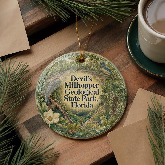 A decorative ornament with a floral design hangs on a wooden surface, surrounded by pine branches and a cup of coffee.