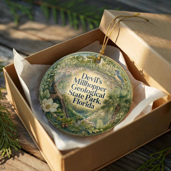 A decorative ornament in a wooden box, featuring a lush, tropical landscape with palm trees and other greenery.
