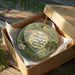 A decorative ornament in a wooden box, featuring a lush, tropical landscape with palm trees and other greenery.