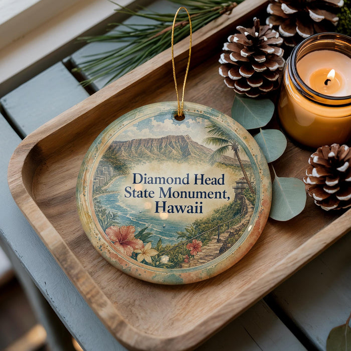 A decorative ornament featuring a scenic image of Diamond Head State Monument in Hawaii, with a candle and pine cones on a wooden tray.