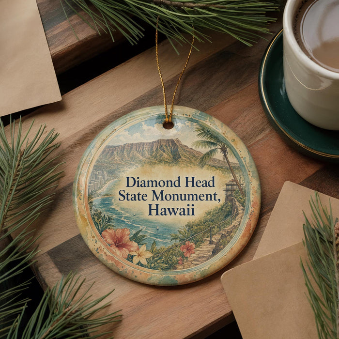 A decorative ornament featuring a tropical landscape with a mountain, palm trees, and a body of water, hanging on a wooden surface.