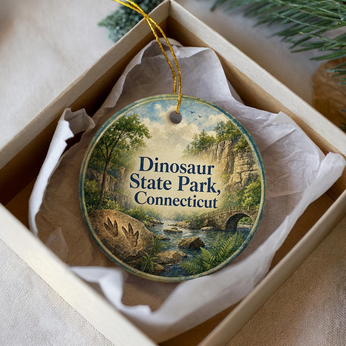 A decorative ornament in a box, featuring a scenic image of Dinosaur State Park in Connecticut.