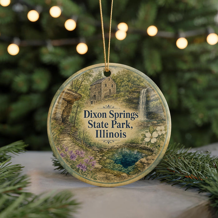 A decorative ornament featuring a scenic image of Dixon Springs State Park in Illinois, with a waterfall and a house in the background.