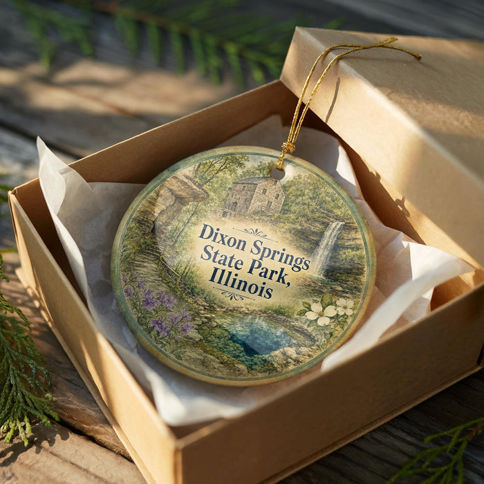 A decorative ornament in a brown box, featuring a scenic image of Dixon Springs State Park in Illinois.