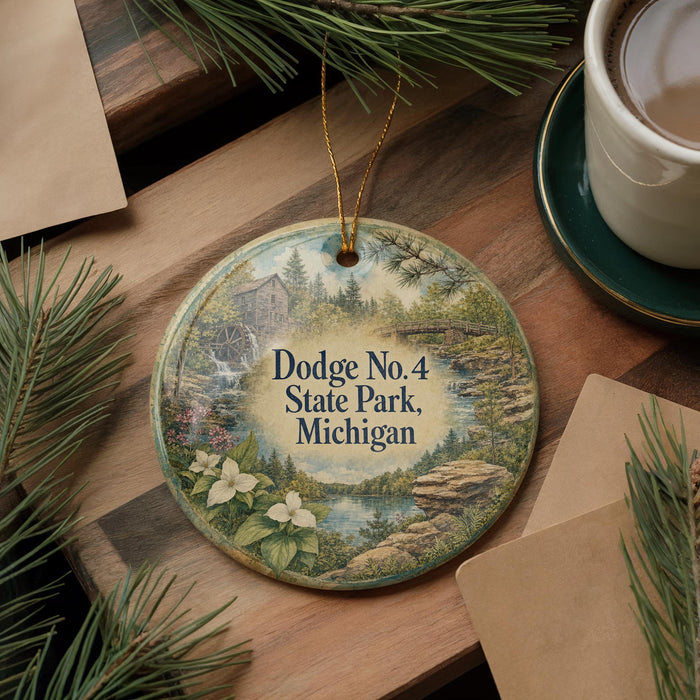 A decorative ornament with a scenic landscape of Dodge No. 4 State Park, Michigan, featuring a waterfall, pine trees, and a lake.