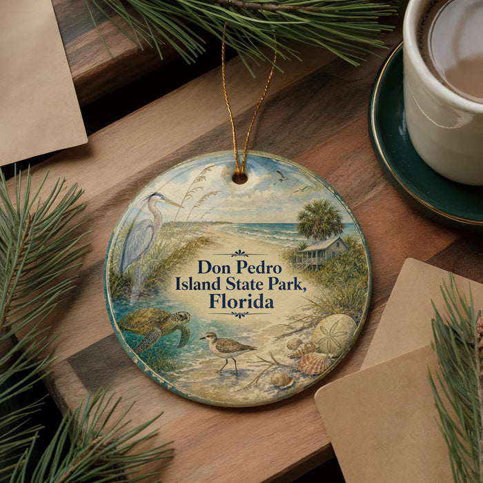 A decorative ornament featuring a beach scene with a bird, turtle, and palm tree, along with text that says "Don Pedro Island State Park, Florida".