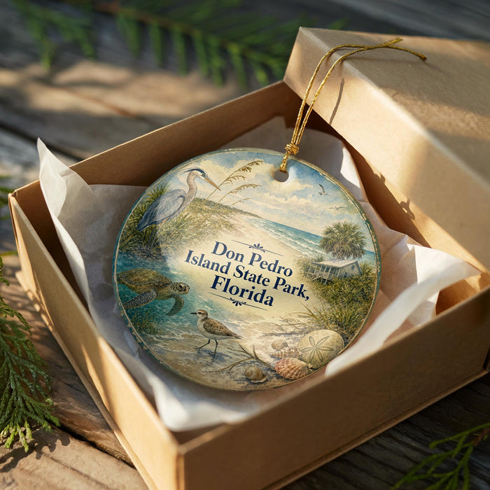 An oval ornament in a brown box, featuring a beach scene with a bird, turtle, and palm tree.
