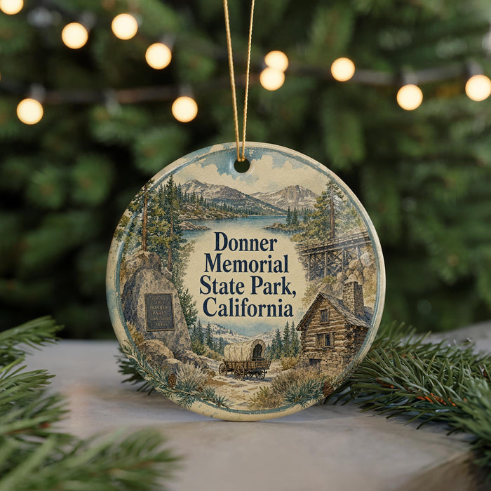 A decorative ornament with a scenic landscape featuring Donner Memorial State Park, California, hanging from a string.