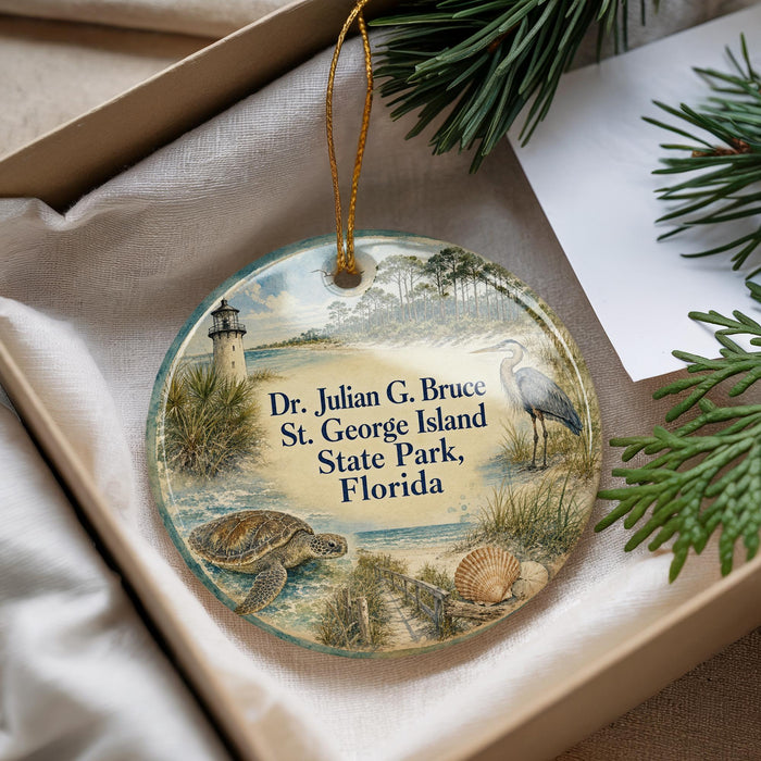 A round ornament with a lighthouse and beach scene, featuring a turtle and seagull, is displayed in a box with pine branches.