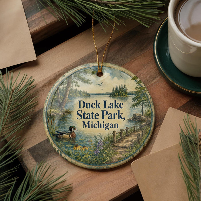 A decorative ornament featuring a scenic lake landscape with ducks, surrounded by pine branches and a cup of coffee on a wooden surface.