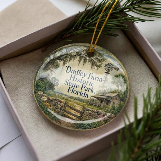 A decorative ornament in a box, featuring a scenic image of Dudley Farm Historic State Park, Florida.