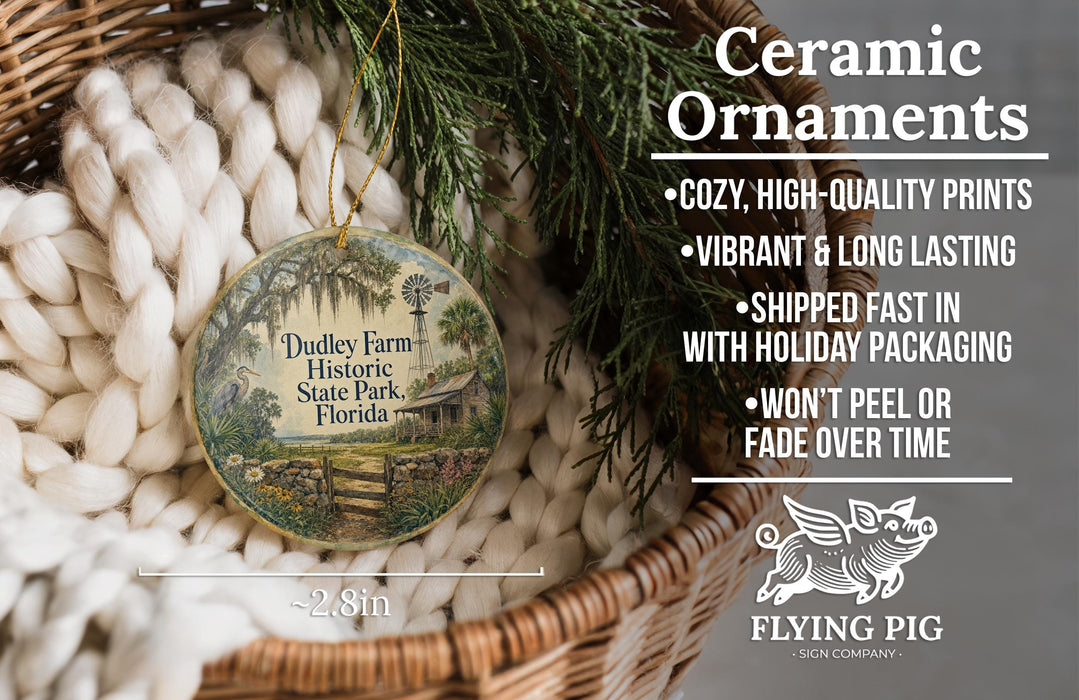 Ceramic ornaments, featuring a detailed illustration of Dudley Farm Historic State Park, Florida, hanging from a wicker basket.