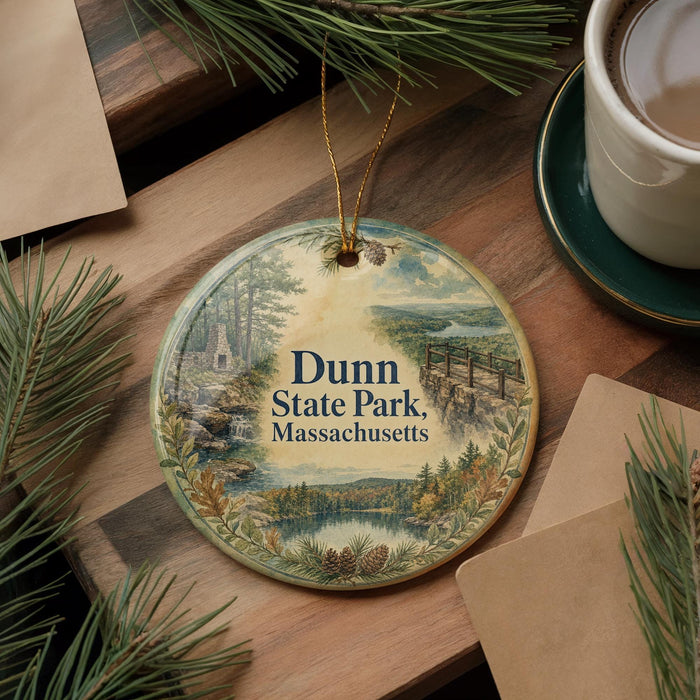 A circular ornament with a scenic landscape of Dunn State Park, Massachusetts, featuring pine trees, a lake, and a bridge.