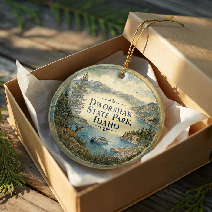 A decorative ornament in a wooden box, featuring a scenic landscape with a lake, mountains, and wildlife.