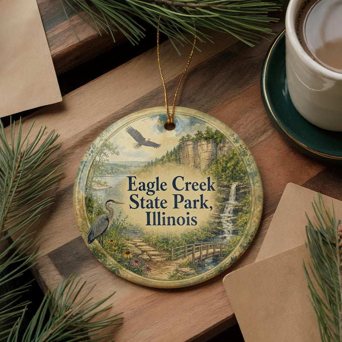 A round ornament with a scenic image of Eagle Creek State Park, Illinois, featuring a bird, a waterfall, and a bridge.