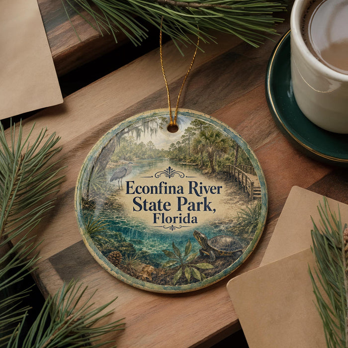 A decorative ornament featuring a scenic image of the Econfina River State Park in Florida, surrounded by pine branches and a cup of coffee.