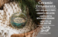 Ceramic ornaments, featuring a detailed image of the Econonna River State Park in Florida, are displayed in a wicker basket. The text highlights the ornaments as "cozy, high-quality prints" and "vibrant and long lasting", with a description of their shipping speed and packaging. The image also includes a logo for "Flying Pig - SIGN COMPANY".