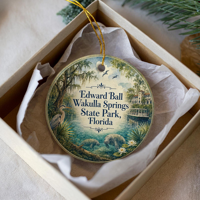 A circular ornament with a painting of a serene landscape, featuring a body of water, trees, and wildlife, including a heron and a boat.