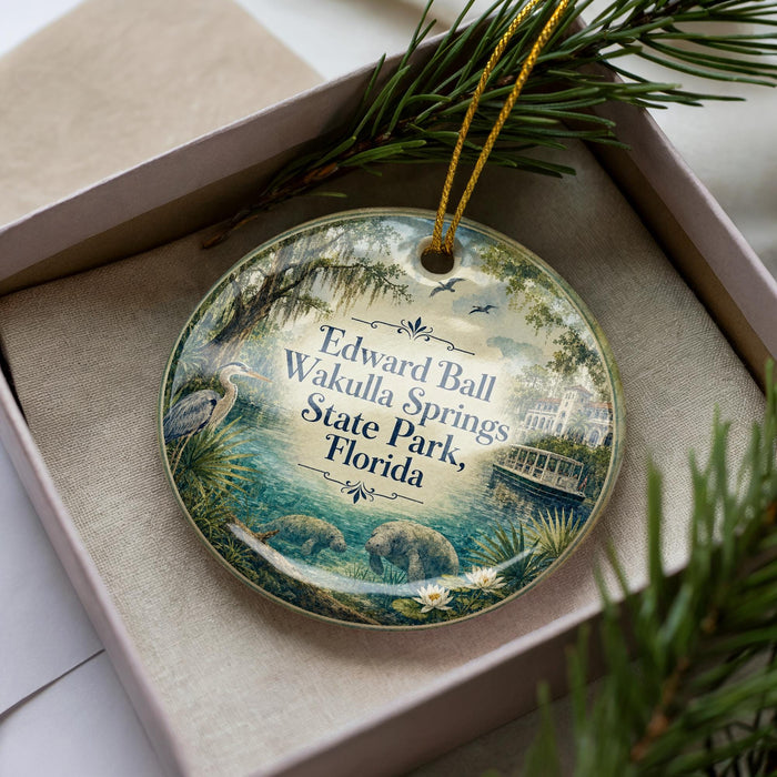 A decorative ornament with a scenic image of Edward Wakulla Springs, Florida, surrounded by greenery and wildlife.
