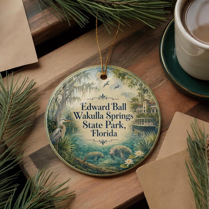 A round ornament with a scenic image of Edward Ball Wakulla Springs, Florida, hanging on a wooden surface.