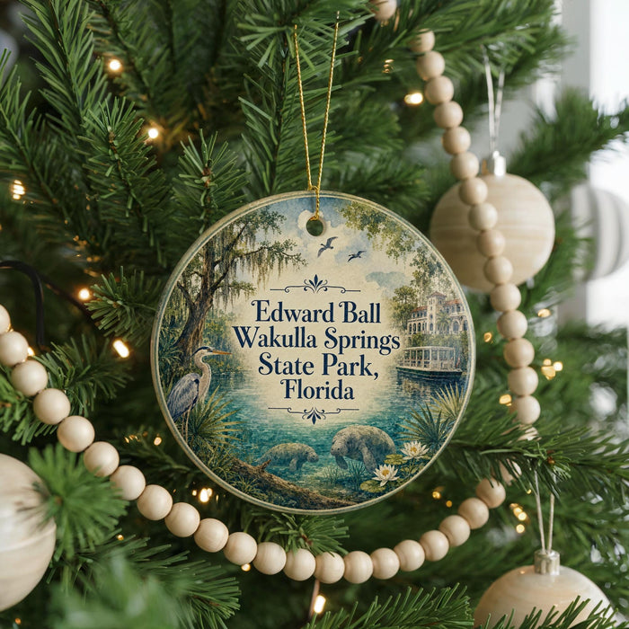 A round ornament hanging on a Christmas tree, featuring a scenic image of Edward Ball, Wakulla Springs, and State Park, Florida.