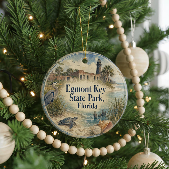 A round ornament hanging on a Christmas tree, featuring a scenic image of Egmont Key State Park in Florida.