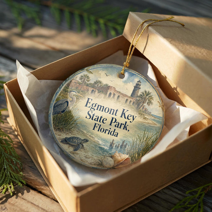 A decorative ornament in a box, featuring a scenic image of Egmont Key State Park, Florida.