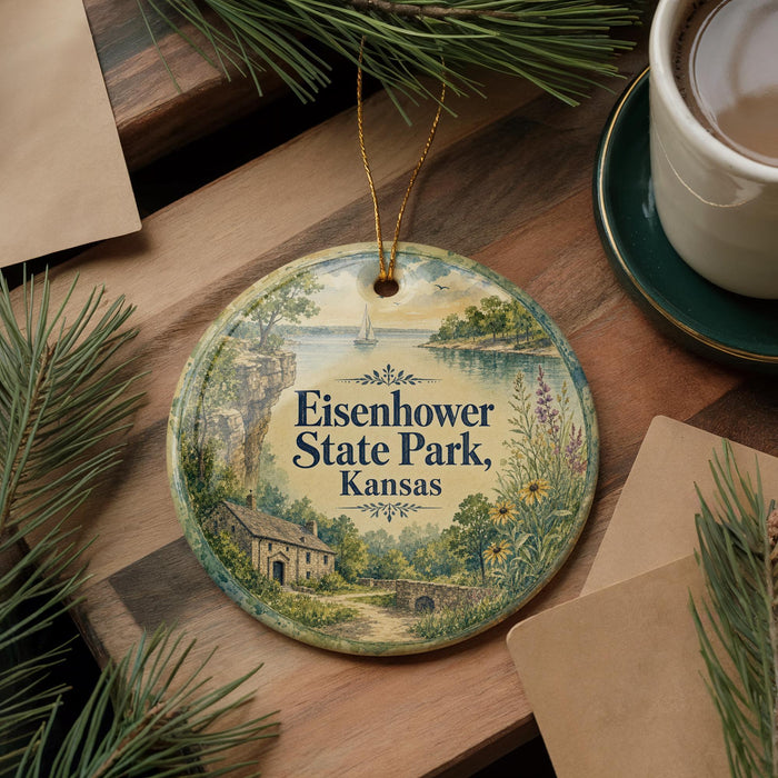 A decorative ornament with the text "Eisenhower State Park, Kansas" on it, surrounded by pine branches and a cup of coffee on a wooden surface.