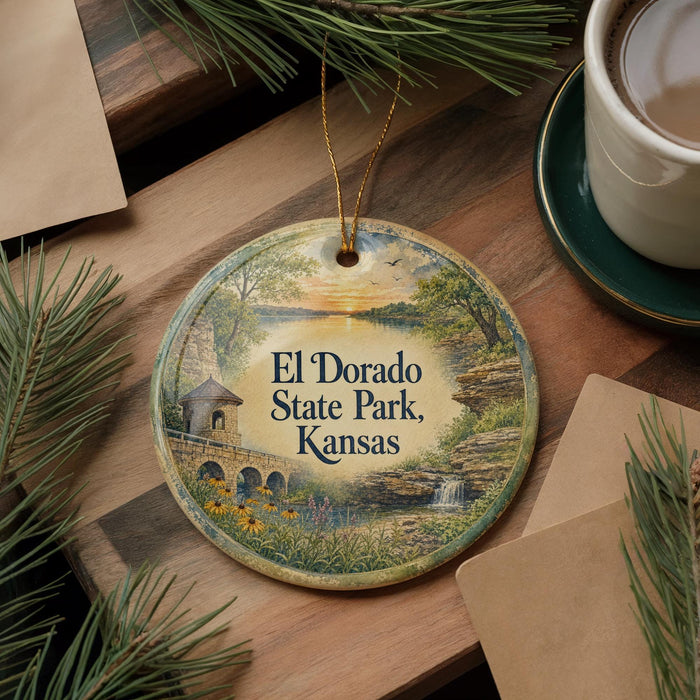A decorative ornament with a scenic landscape of El Dorado State Park, Kansas, featuring a lake, waterfall, and surrounding greenery.