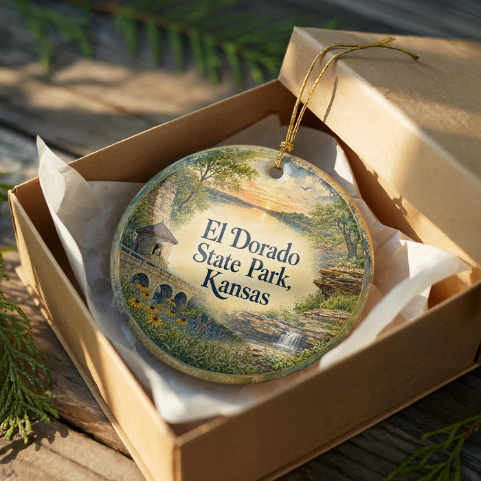 An ornamental ornament in a box, featuring a scenic landscape with a bridge and trees, with the text "El Dorado State Park, Kansas" displayed on it.