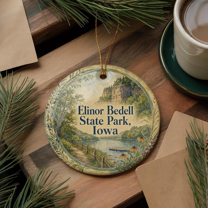A decorative ornament with a scenic landscape of Elinor Bedell State Park, Iowa, featuring a lake, mountains, and pine trees. The ornament is hanging on a wooden surface, surrounded by pine branches and a cup of coffee.