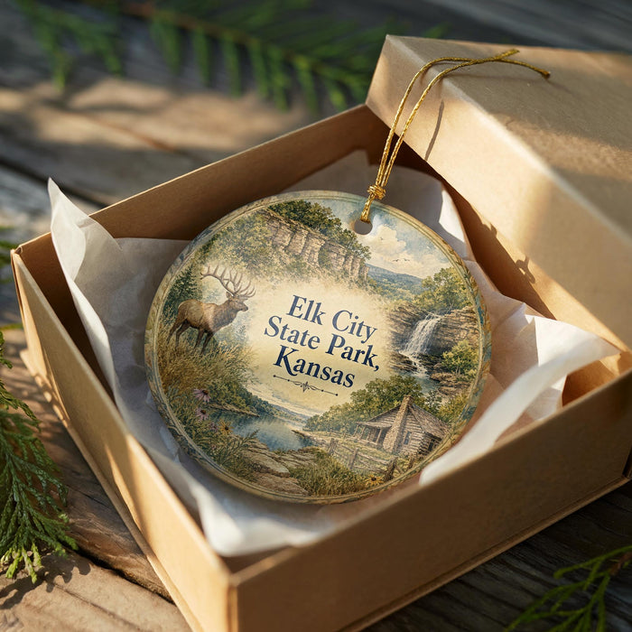 A decorative ornament in a box, featuring a scenic landscape with a deer and a waterfall, with the text "Elk City State Park, Kansas" printed on it.