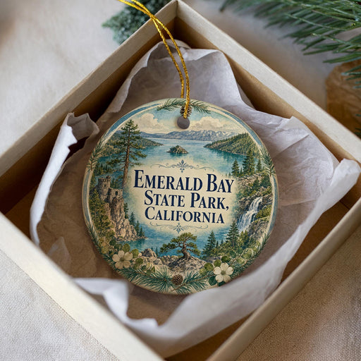 A decorative ornament in a box, featuring a scenic landscape with mountains, water, and pine trees.