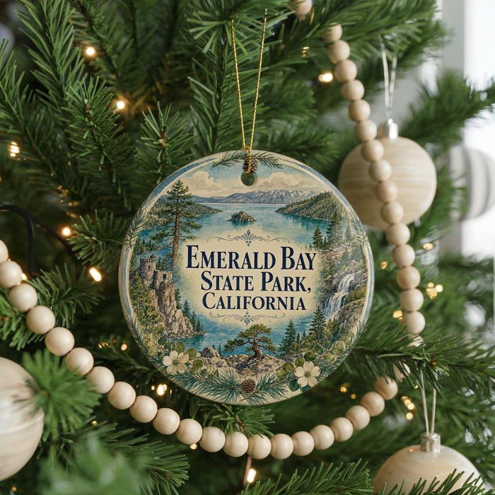 A round ornament hanging on a Christmas tree, featuring a scenic image of Emerald Bay State Park, California.