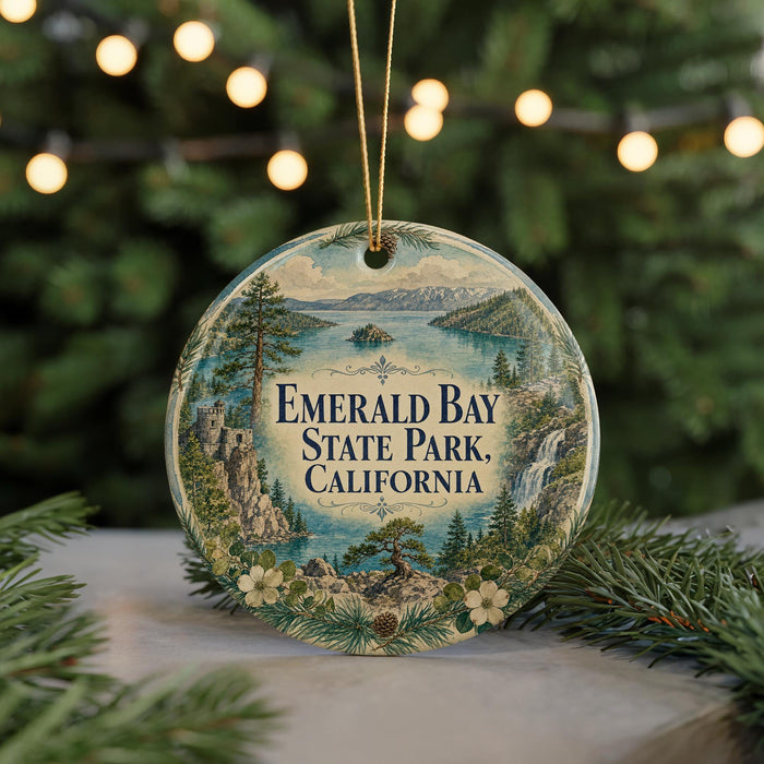 A round ornament with a scenic landscape of Emerald Bay State Park, California, featuring a castle, waterfall, and pine trees.