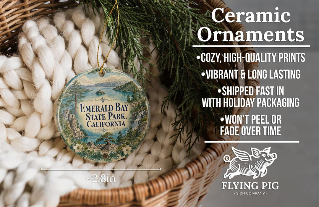Ceramic ornaments, including a round ornament with a scenic image of Emerald Bay State Park, California, hanging from a wicker basket.