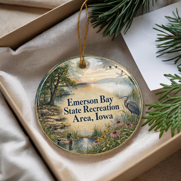 A decorative ornament with a scenic landscape of Emerson Bay State Recreation Area, Iowa, featuring a lake, trees, and birds.