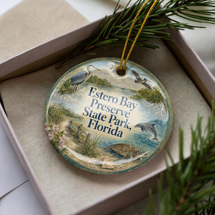 A decorative ornament in a box, featuring illustrations of birds, a dolphin, and a beach scene, with text that reads "Estero Bay Preserve State Park, Florida".