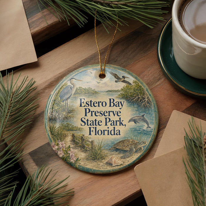 A round ornament with a bird and water scene, surrounded by pine branches and a cup of coffee, placed on a wooden surface.