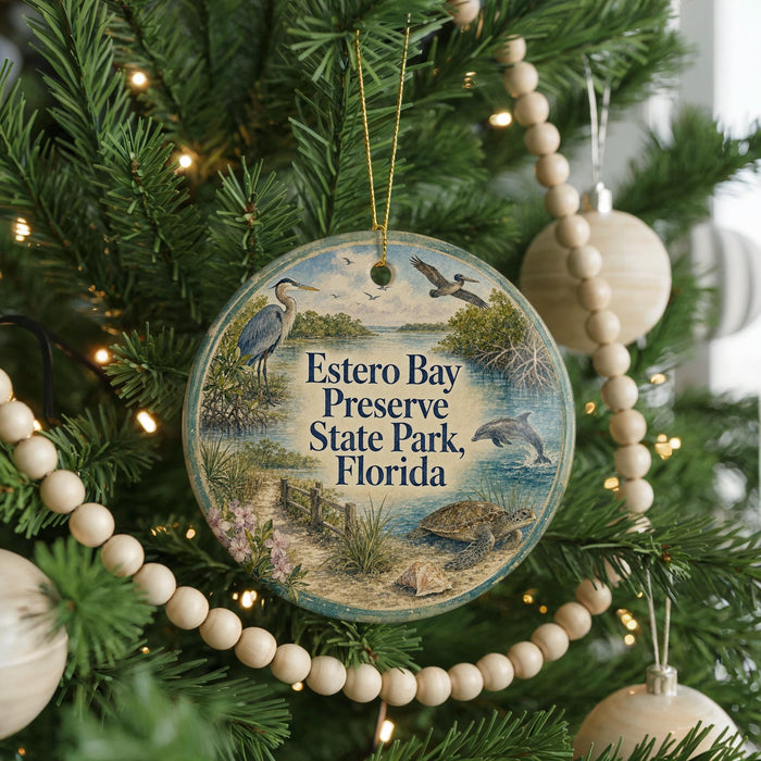 A round ornament hanging on a Christmas tree, featuring a bird, a dolphin, and a beach scene, with the text "Estero Bay Preserve State Park, Florida" displayed on it.