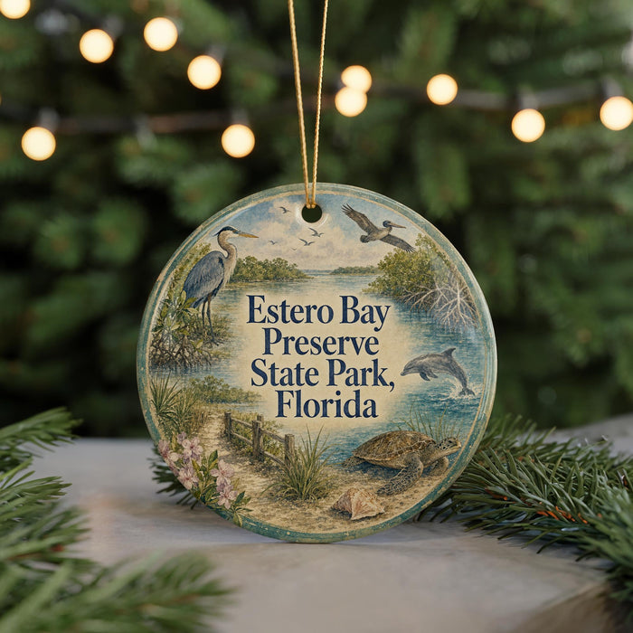 A round ornament with a bird and a dolphin, surrounded by greenery, hangs in front of a blurred background with twinkling lights.