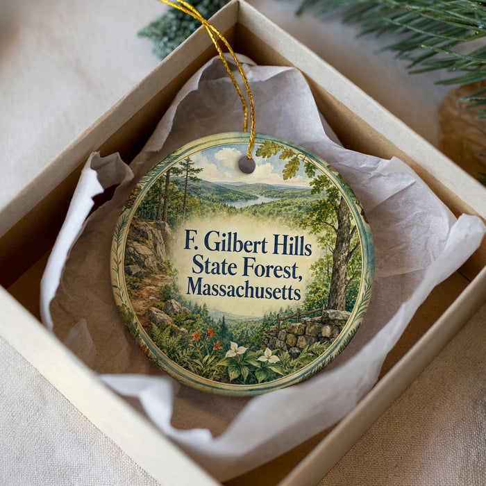 A round ornament with a scenic forest landscape, featuring a mountain, trees, and a river, is displayed in a box.