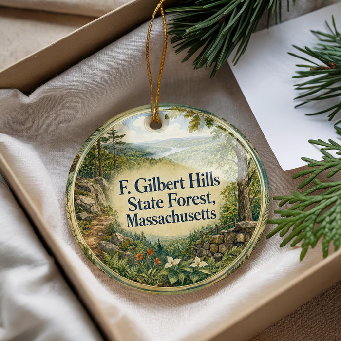 A round ornament with a scenic forest landscape, featuring a winding path, pine trees, and a body of water.