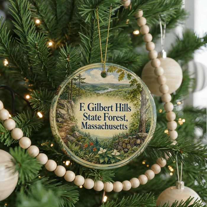 A round ornament hanging on a Christmas tree, featuring a scenic landscape of the F. Gilbert Hills State Forest in Massachusetts.