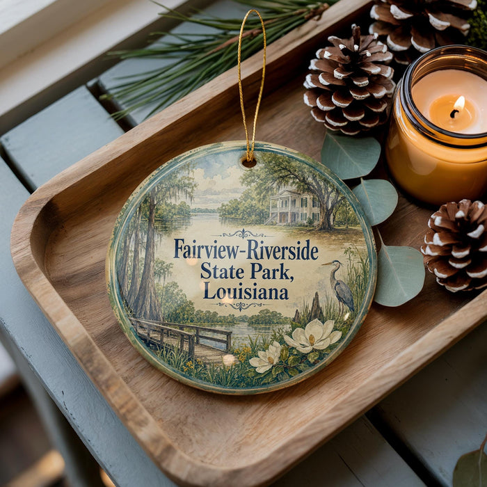 A decorative ornament featuring a scenic view of Fairview-Riverside State Park in Louisiana, with a candle and pine cones on a wooden tray.