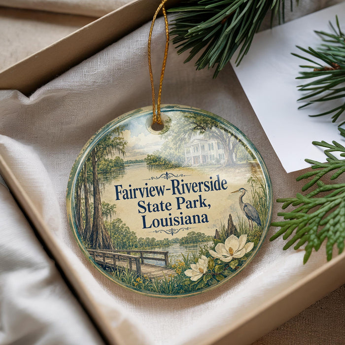 An ornament in a box, featuring a scenic image of Fairview-Riverside State Park in Louisiana.