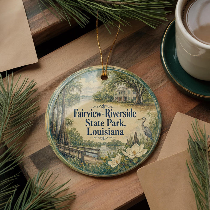 A decorative ornament with a scenic image of Fairview-Riverside State Park in Louisiana, featuring a house, trees, and a bird, is displayed on a wooden surface alongside a cup of coffee and some pine branches.