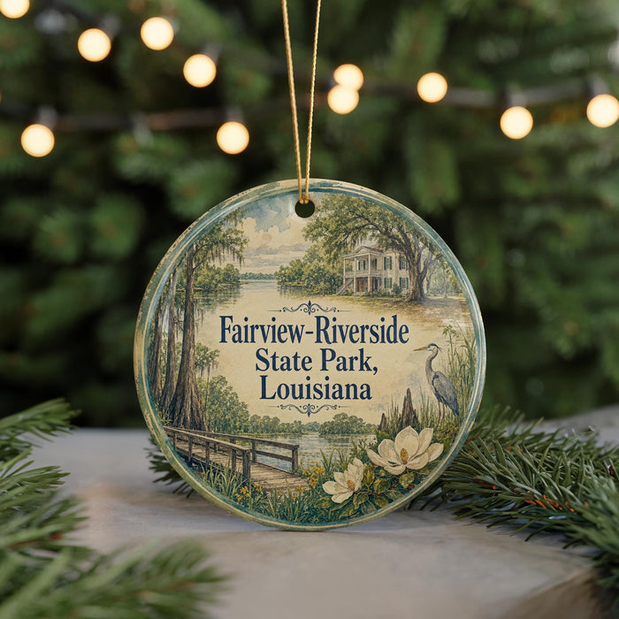 A round ornament with a scenic view of Fairview-Riverside State Park in Louisiana, featuring a bridge, trees, and a bird.