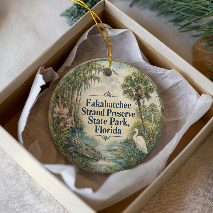 A round ornament with a tropical scene, including palm trees, flowers, and a bird, is displayed in a box.