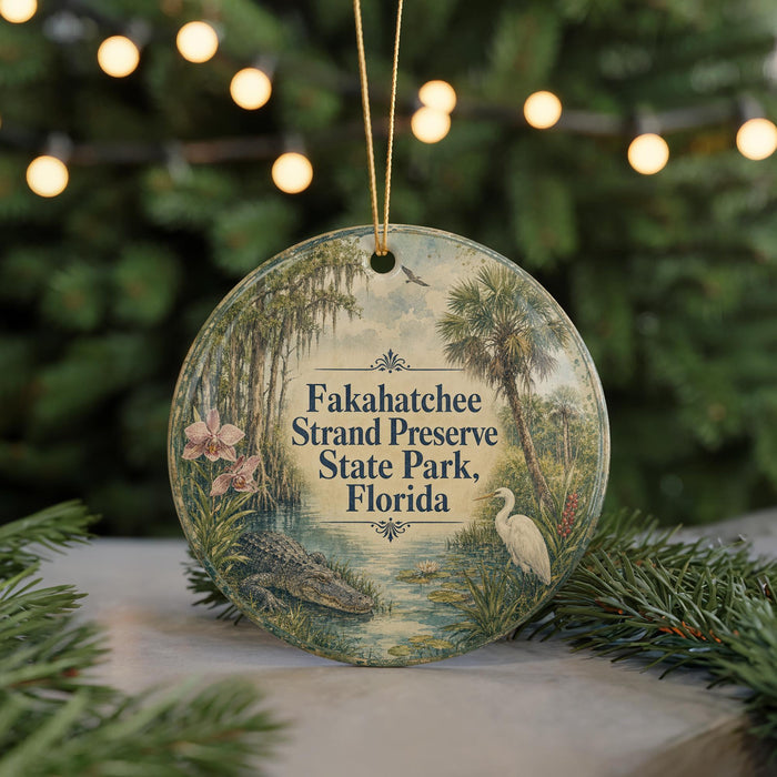 A round ornament with a tropical scene, featuring a bird, palm tree, and water, hangs in front of a blurred background with Christmas lights.